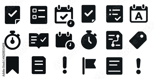 Productivity and task management icons set – solid, checklist, planner symbols