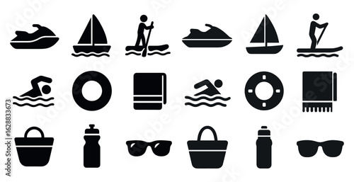 Water sports silhouette icons set – filled, solid, aquatic and swimming symbols