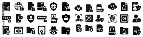 Cybersecurity and privacy solid icons set – secure, protection, digital safety symbols