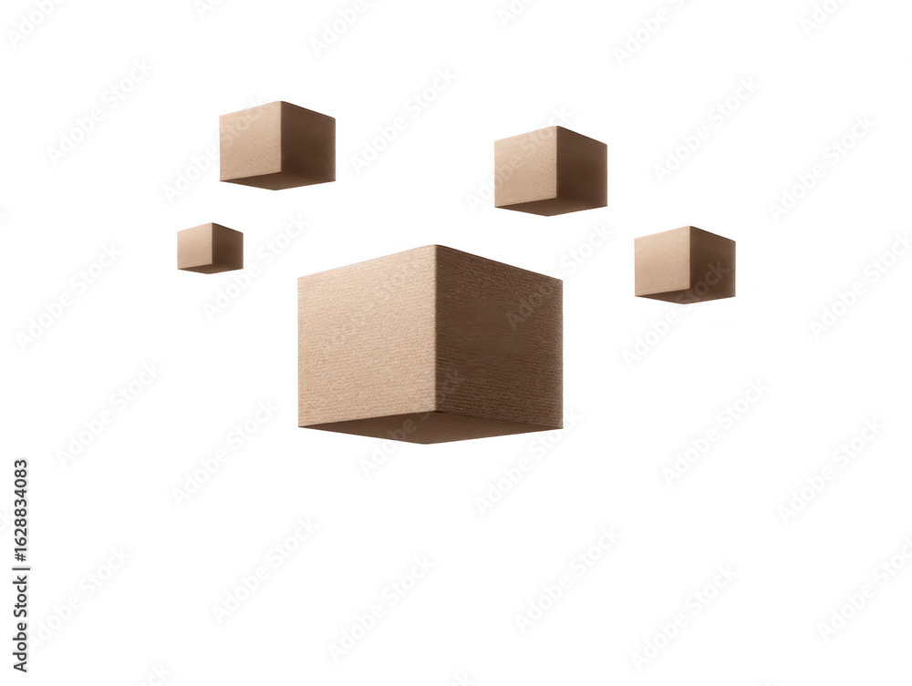 Obraz premium Collection of floating geometric cubes in soft beige color, creating modern and minimalist aesthetic. cubes appear to be made of textured material, adding depth and interest to composition