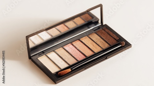 open black eyeshadow palette with ten shades of brown gold and pink shimmering colors with small brush placed on light surface cosmetic makeup