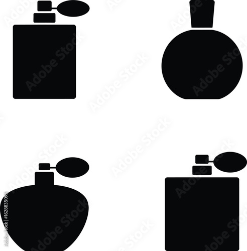 Collection of four distinct perfume bottle icons in a clean black silhouette style