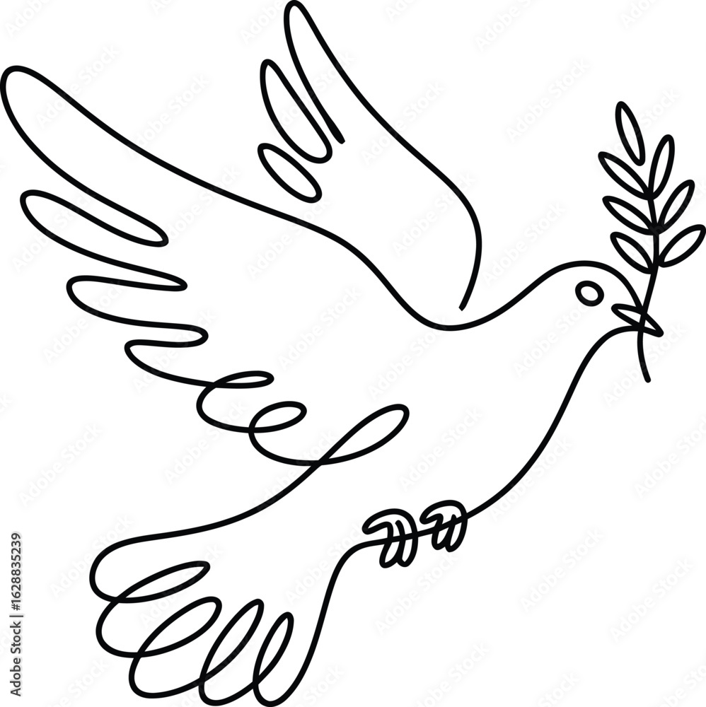 Obraz premium Vector art of dove with olive branch in continuous line drawing isolated on white background, symbolizing peace, hope, and freedom in minimalist style