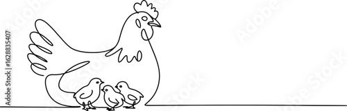 Vector art of continuous line drawing of a hen with chicks isolated on white background, minimalist design, vector illustration for logo, icon, or graphic design