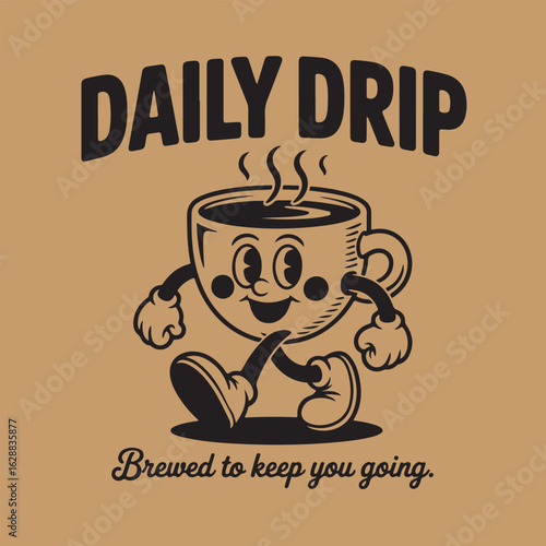 Happy coffee cup character with thumbs up and daily drip text vector design