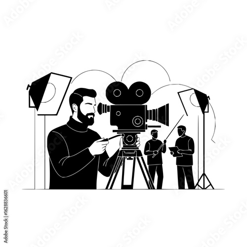 A film crew working on a set with a vintage camera lights and two people discussing the scene in black and white