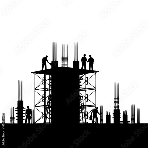 Silhouette of construction workers on scaffolding at a construction site with rebar and concrete columns
