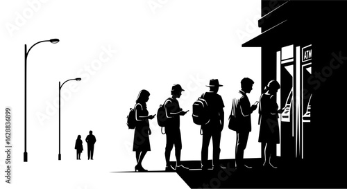 Silhouetted people waiting in line at atm machines with street lights in the distance in black and white