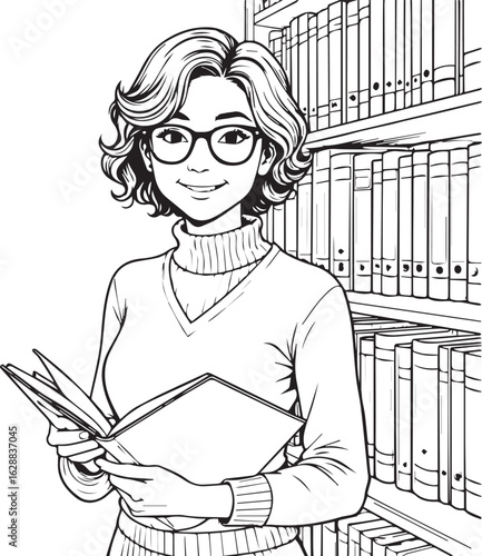 Librarian's Literary Moment: A smiling librarian stands amidst a library, holding a book and basking in the joy of literature and knowledge.