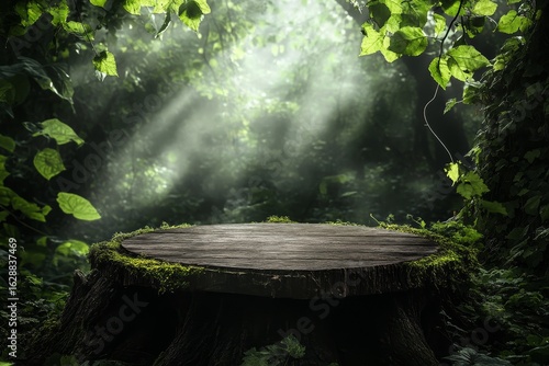 A fantasy forest setting with a charming wooden stump that serves as a platform