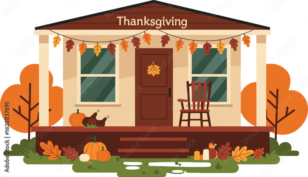 Obraz premium Thanksgiving decorated house with fall leaves pumpkin and turkey on porch vector illustration for autumn celebration and holiday season design 
