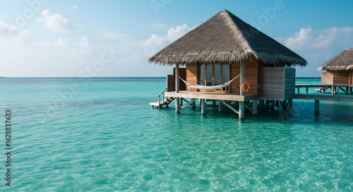Tropical island resort overwater bungalow maldives vacation turquoise water beach travel destination getaway 100