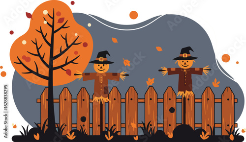 Autumn scarecrow scene with orange tree and wooden fence in fall season landscape vector illustration 