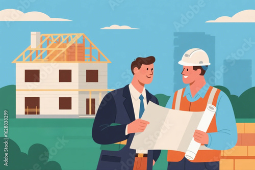 Architect and foreman discussing building plan with blueprint roll, helmet, and under-construction house behind, flat vector