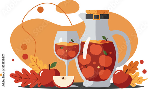 Autumn seasonal sangria drink with glass and pitcher illustration featuring orange and red fall leaves and apple slices vector 