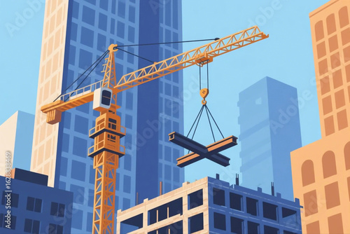 Tower crane lifting steel beams at downtown construction site, partly-built skyscraper background vector illustration
