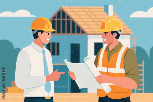 Architect and foreman discussing building plan with blueprint roll, helmet, and under-construction house behind, flat vector