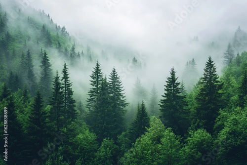 A hipster vintage retro style illustration of a misty landscape featuring a fir forest