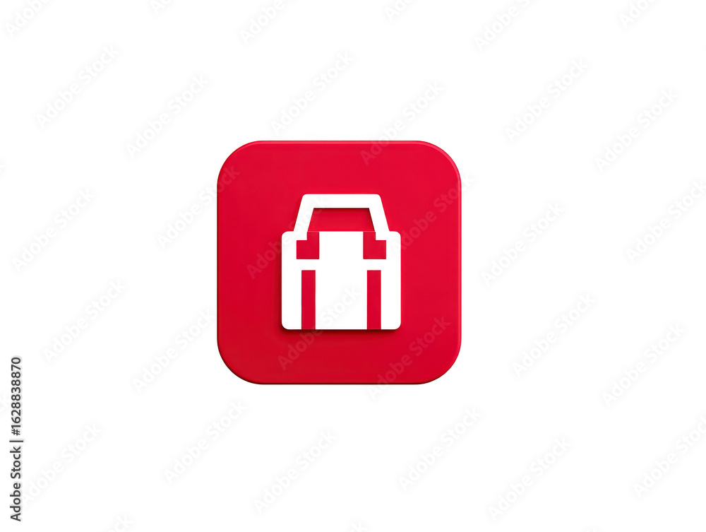Obraz premium Red square icon featuring stylized backpack design, symbolizing travel and adventure, perfect for educational or outdoor themes