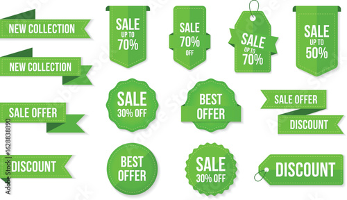 Modern Green Discount Labels – Vector Tags for E-commerce Deals, New Arrivals and Retail Promotions
