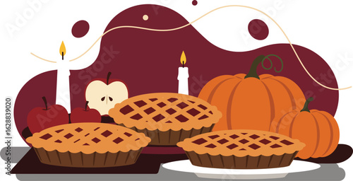 Pumpkin pies with candles and autumn pumpkins festive harvest celebration illustration vector 