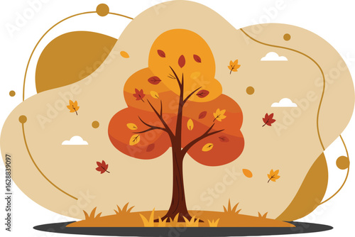 Autumn tree with orange and brown leaves falling in windy landscape vector illustration 