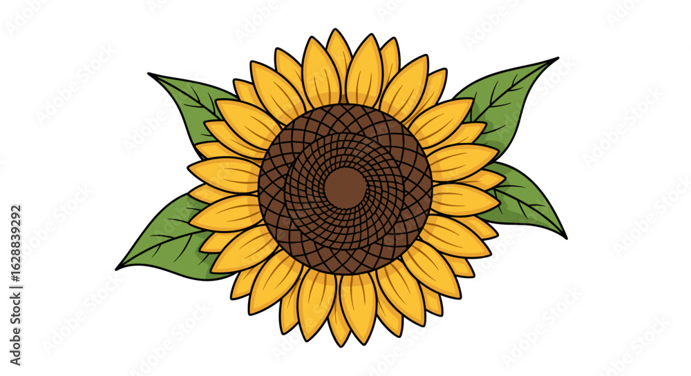 Fototapeta premium Cheerful Sunflower Blossom Illustration: Golden Petals and Green Leaves, Isolated for Bright Design.