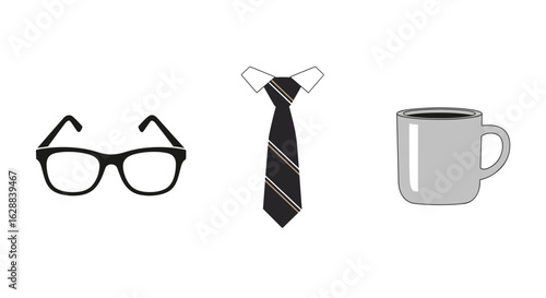 Minimalist Office Essentials: Glasses, Striped Tie, and Mug Illustration on White Background