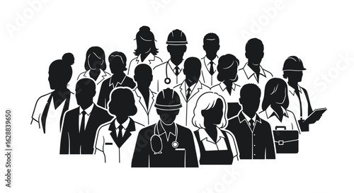 Diverse workforce silhouette showcases various professions including medical, business, construction, united together in a group