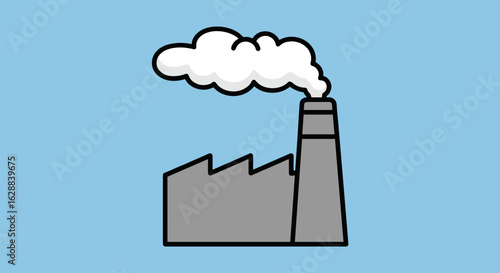 Illustrated factory emits smoke, symbolizing industrial pollution on blue background creating concern about environmental issues.