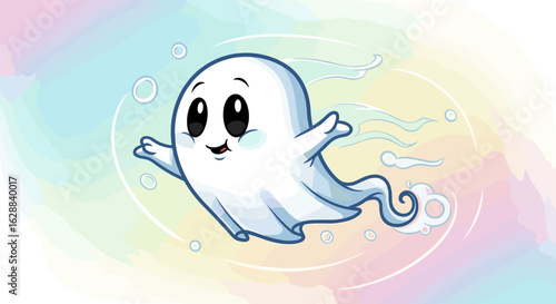 Playful Cartoon Ghost Soaring Through a Pastel Colored Sky with Whimsical Bubbles All Around