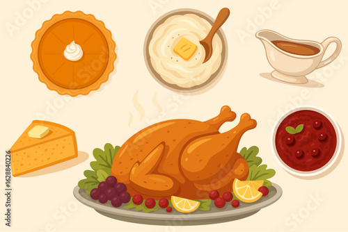 Traditional Thanksgiving meal with roasted turkey, mashed potatoes, gravy, and pumpkin pie
