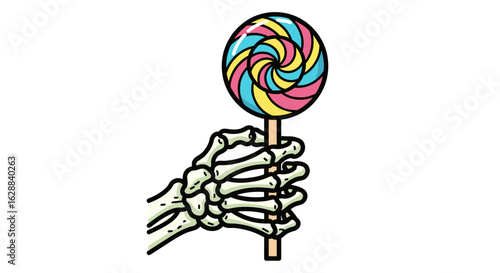 Whimsical Skeleton Hand Holding Colorful Swirl Lollipop Against Clean White Background Illustration