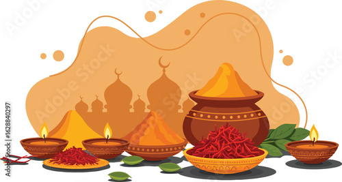 Indian spice jars and bowls with vibrant spices and traditional clay pots vector illustration 
