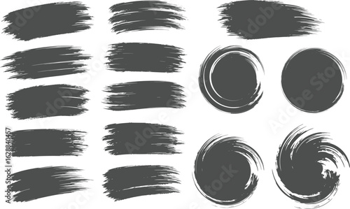Set of virous ink brush strokes. Texture Isolated on white background. re and round freehand drawings. Ink splatters, grun painted lines, artistic design elements. Vecto paintbrush set.
