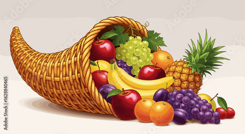 Cornucopia Abundance: A Basket Overflowing with Fresh Fruit, Symbolizing Harvest, Prosperity, and Festive Celebration