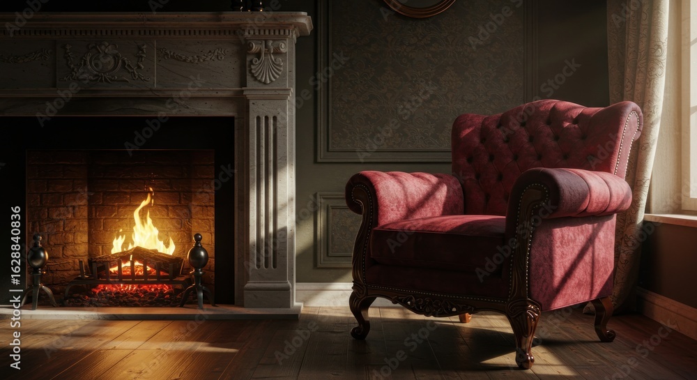 Fototapeta premium Elegant room with fireplace and armchair