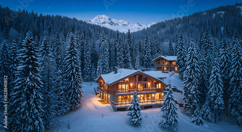 Winter chalet in snow mountain forest under blue sky with stars and snowy trees luxury home vacation 100