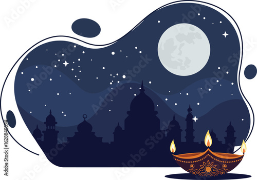 Night sky with full moon and stars over silhouette of trees and traditional lantern vector illustration 