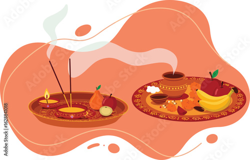 Autumn Harvest Celebration with Incense and Seasonal Fruits Illustration in Warm Orange Tones 