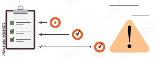 Clipboard with tasks and checkmarks, connected arrows pointing to completion markers and triangular alert icon. Ideal for workflow, prioritization, planning, risk management, process, organization