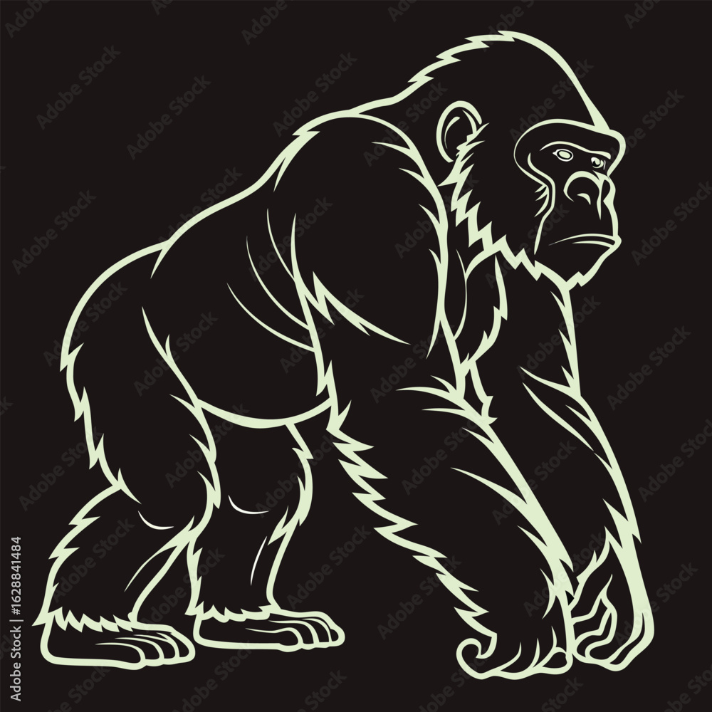 Fototapeta premium Powerful gorilla illustration in a striking neon green outline on a black background vector design