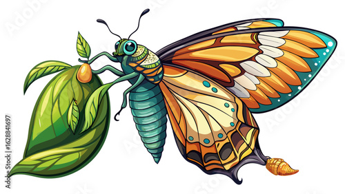 very beautiful Amazing moment ,Large tropical butterfly hatch from the pupa and emerging with clipping path. Concept transformation of Butterfly white background
