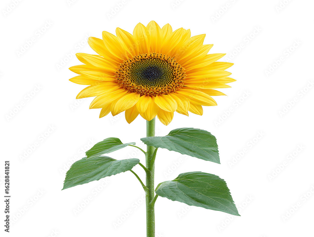 Obraz premium Vibrant sunflower with bright yellow petals and dark center stands tall against transparency background, showcasing its natural beauty and elegance. green leaves add fresh touch to this stunning