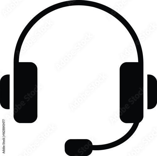 Simple black silhouette of headphones with a microphone for communication and audio listening