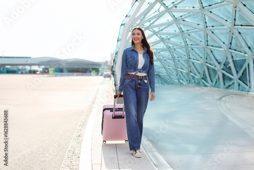 Фототапет Young lady tourist with suitcase walking outdoor at modern airport terminal or t