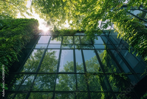 Low angle of glass building covered in foliage with trees reflected in the windows