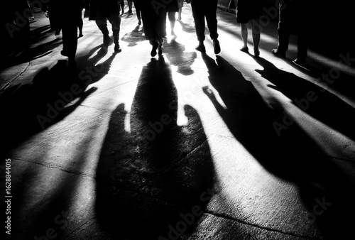 A black and white image depicting silhouetted figures walking with long, dramatic shadows