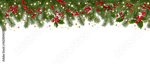 Christmas border with fir branches and pine cones on transparent background

