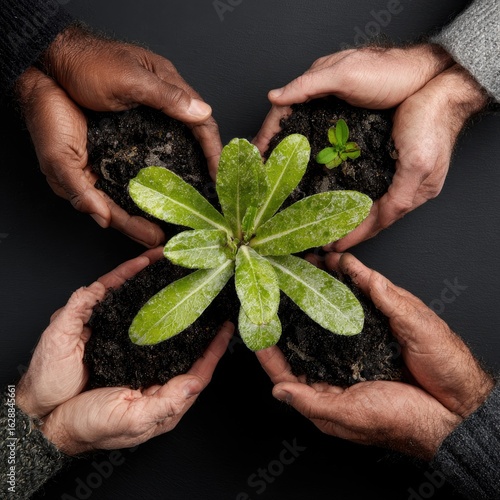 Hands holding soil with a small plant in the center